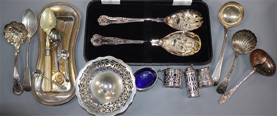 A group of silver including condiments, George III sauce ladle and plated flatware